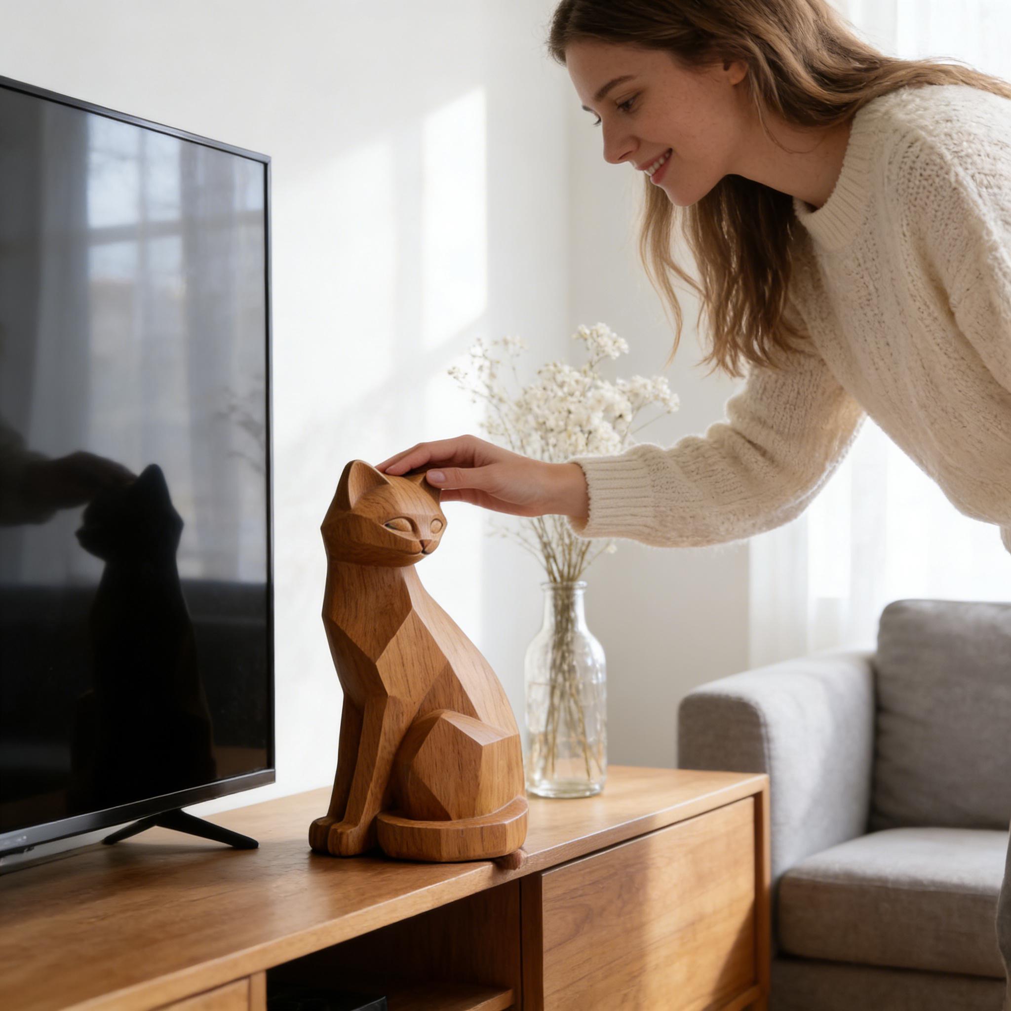 Wooden Cat Sculpture Decor - Image 4